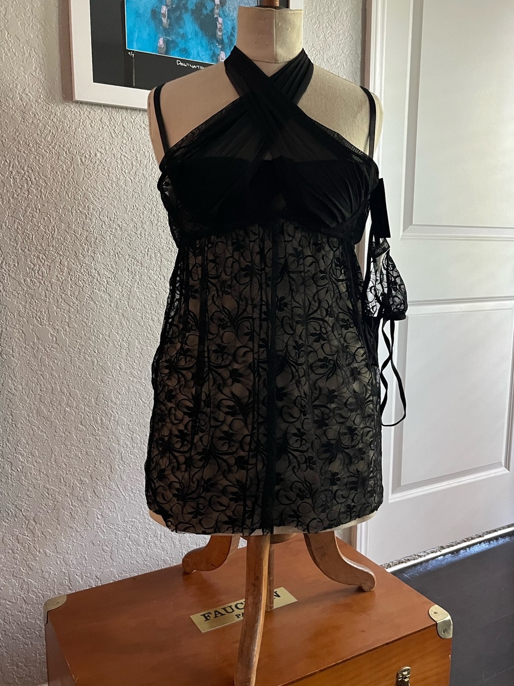 Black Sheer Lace Halter Babydoll lingerie plus size 1x/2x nwt oh la la cheri